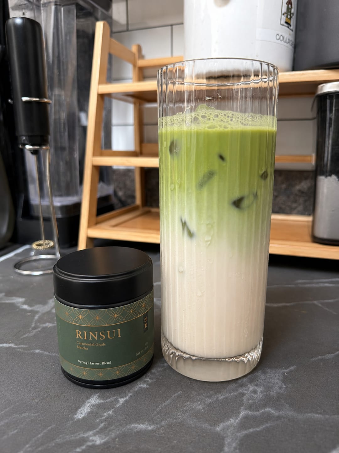 Spring Harvest Blend matcha beside a layered iced matcha latte.