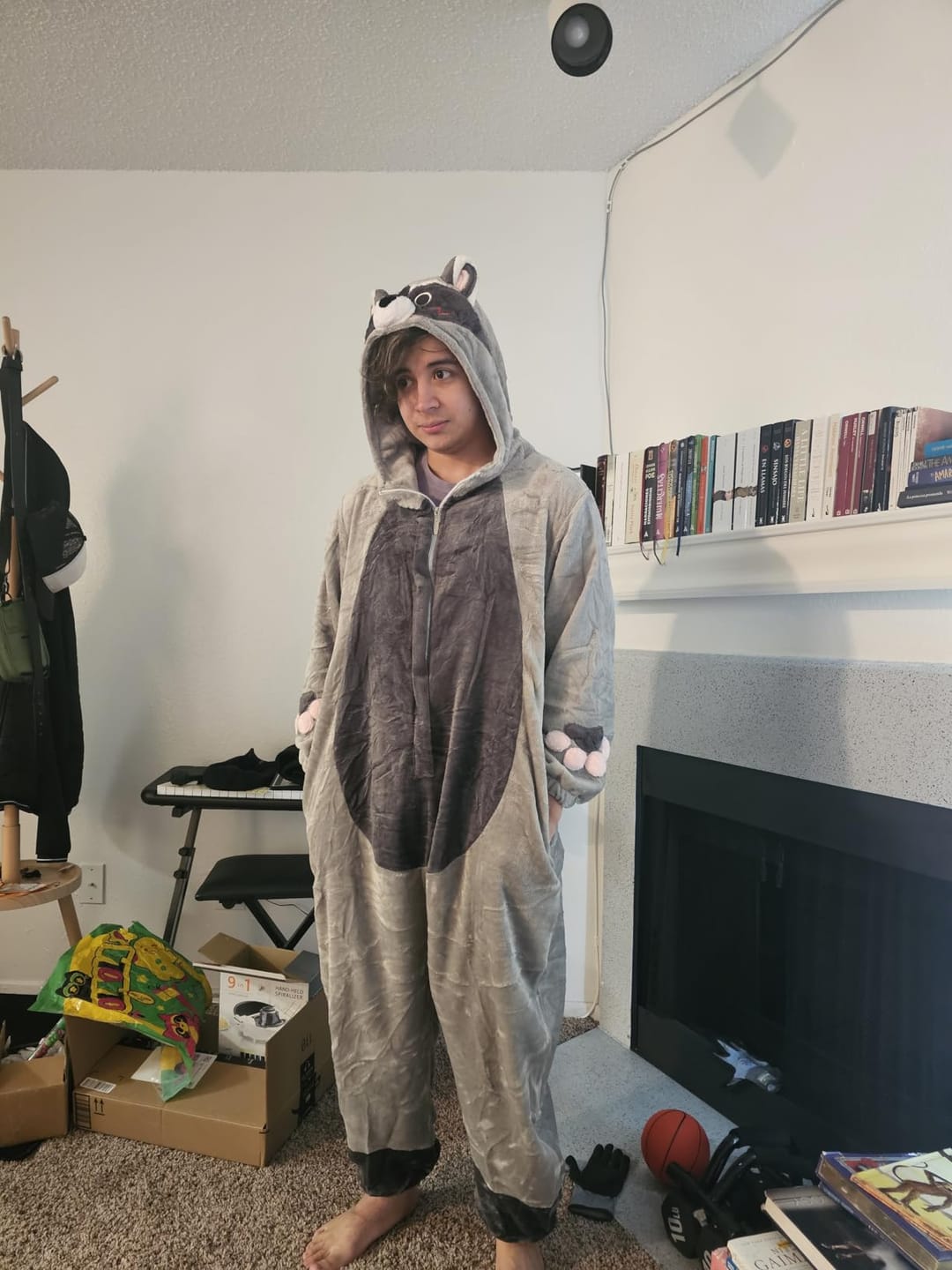 Customer photo review of OLAOLA Unisex Adult Plush Light Gray Raccoon Animals Onesie Pajamas Warm Home One-Piece Sleepwear