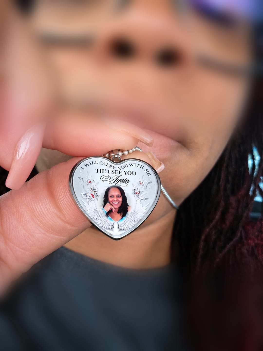 Customer photo review of Custom Photo Memorial Necklace/Keychain "I Will Carry You With Me” - N001