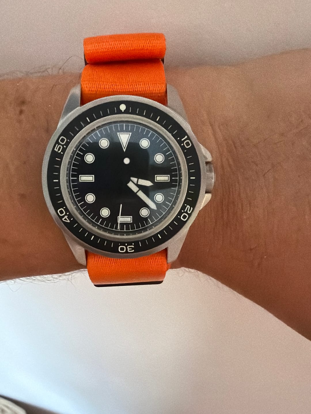 Customer photo review of Fluorescent Orange Premium Nylon Watch Strap