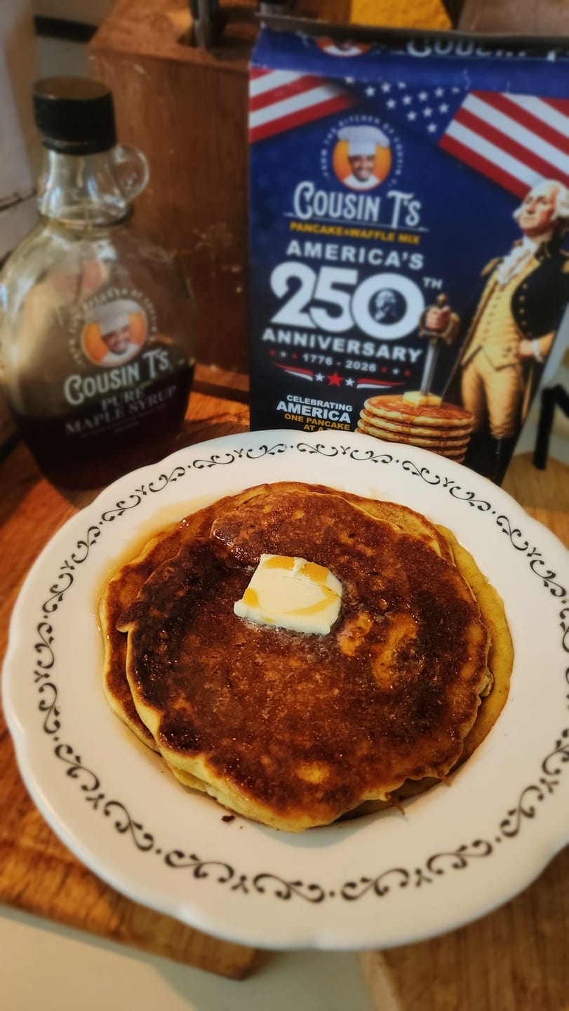 Customer photo review of Cousin T's 250th Anniversary Pancake & Syrup Bundle