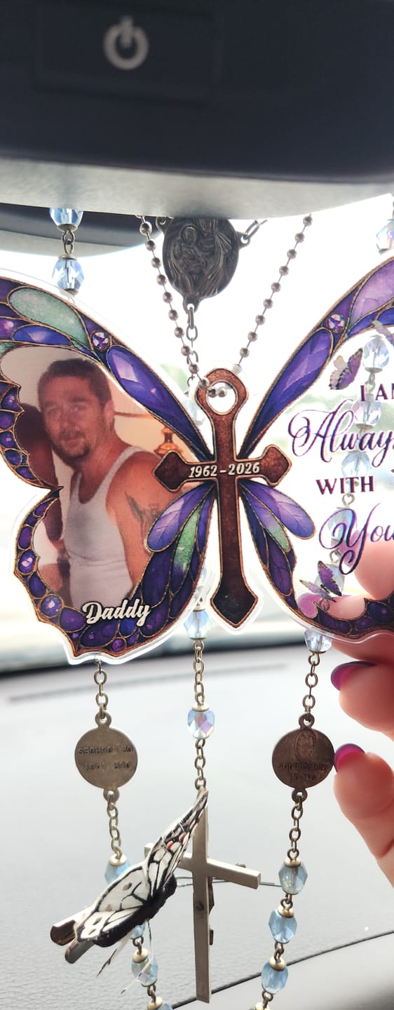 Customer photo review of Personalized Memorial Butterfly Car Hanger with Photo – Always With You