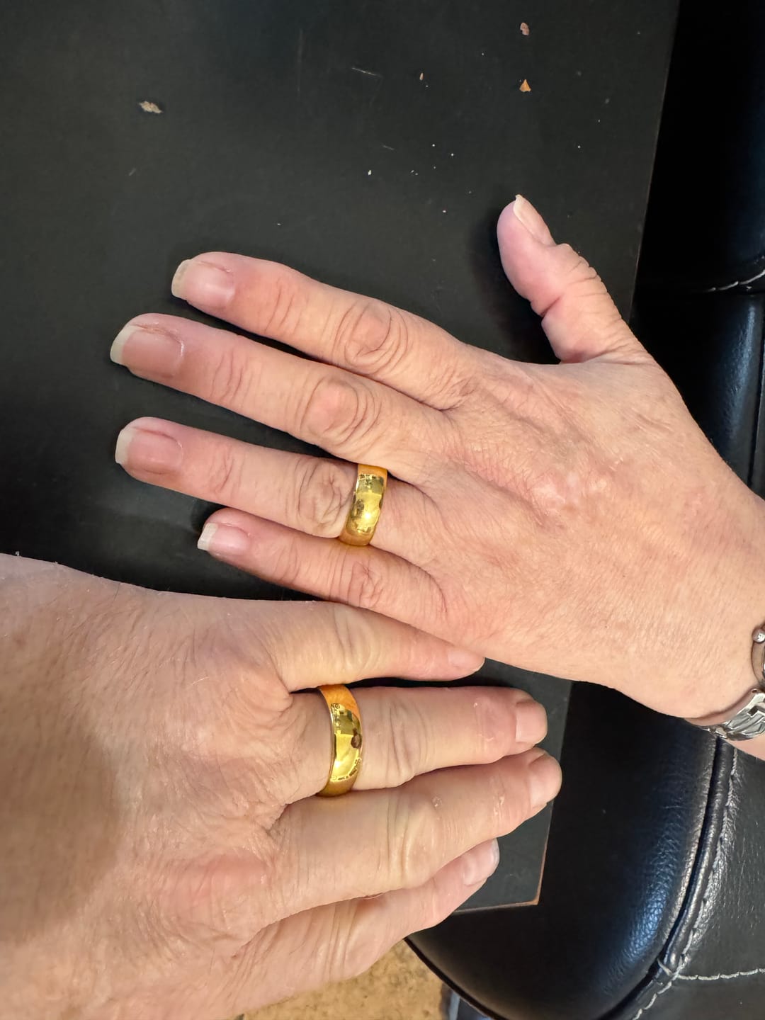 Customer photo review of 8mm - 14k Yellow Gold Tungsten Wedding Band, High Polish Dome Shape, Anniversary Ring