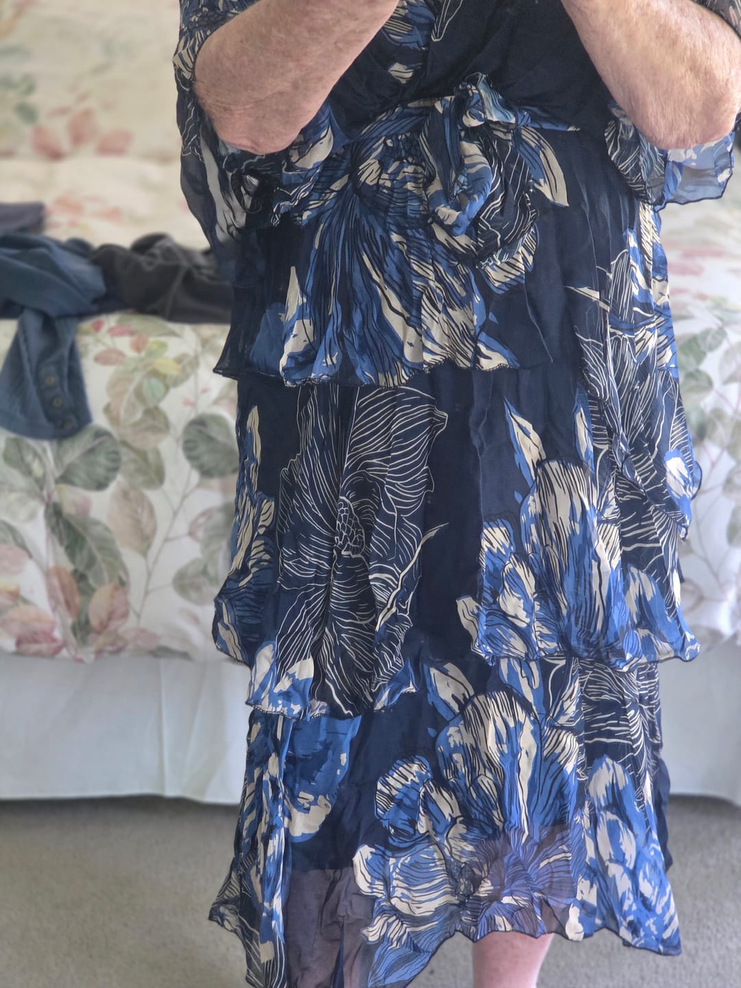 Customer photo review of Emily Navy Floral Silk Dress