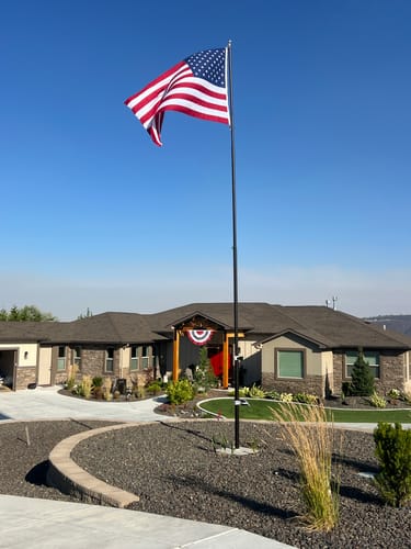Reviewer's Ultra Heavy Duty American Flag waving in the wind in a front yard on a sunny day.