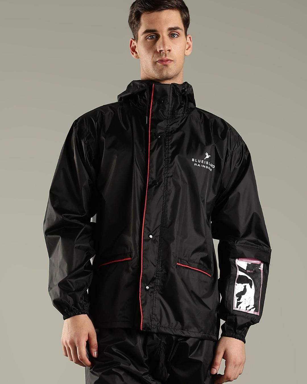 Customer photo review of Black with Red Border - Rain Jacket with Pant and Mobile Pouch