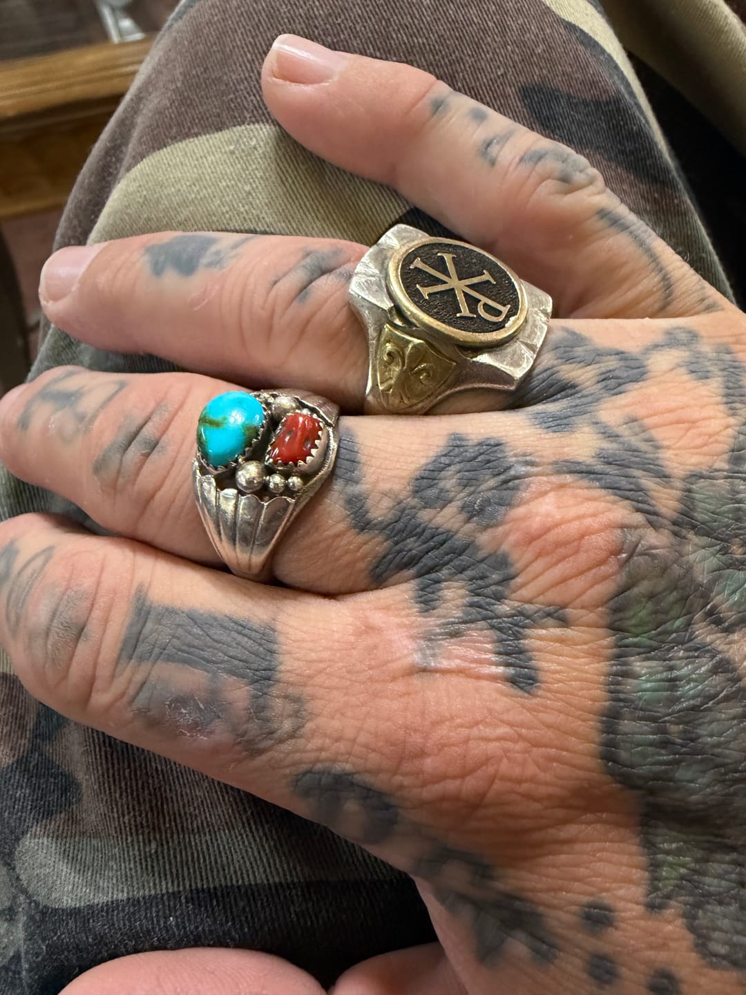 Customer photo review of Handcrafted Turquoise, Coral & Sterling Silver Ring Size 13