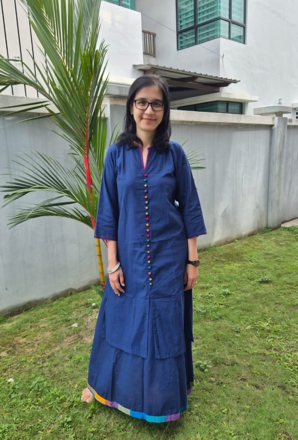 Customer photo review of Set of 2: Co-ord Set Midnight Blue Cotton Button Down Kurta with Flared Skirt