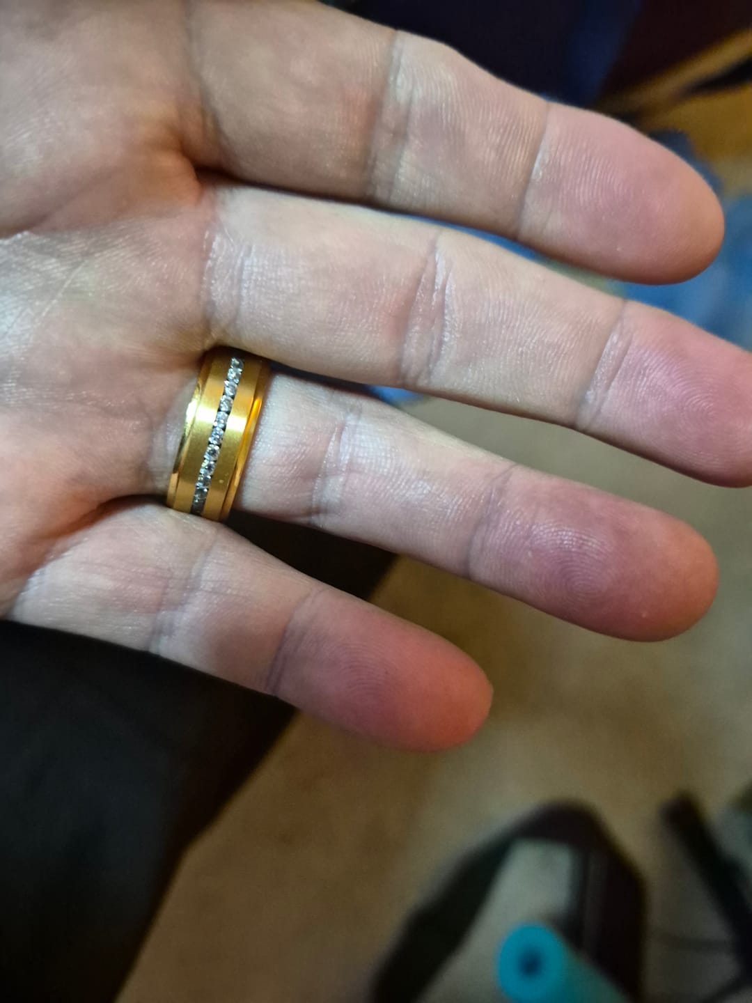 Customer photo review of Gold Titanium Ring Brushed Full Eternity White CZ Diamonds Stepped Edges 8mm