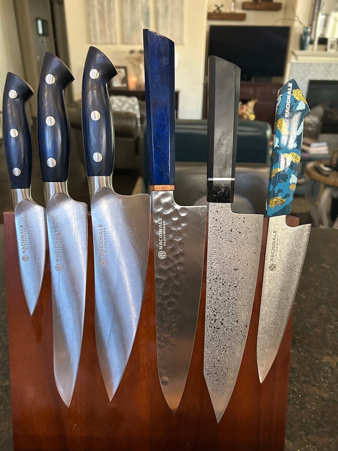 Customer photo review of 215mm Gyuto. Hammered San Mai 440C Stainless. Blue Pakka / Ebony / Oak