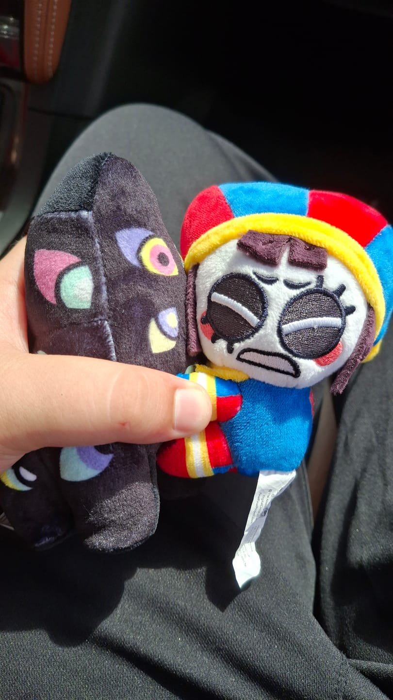 Customer photo review of Pomni & Abstraction Magnetic Plush Keychains