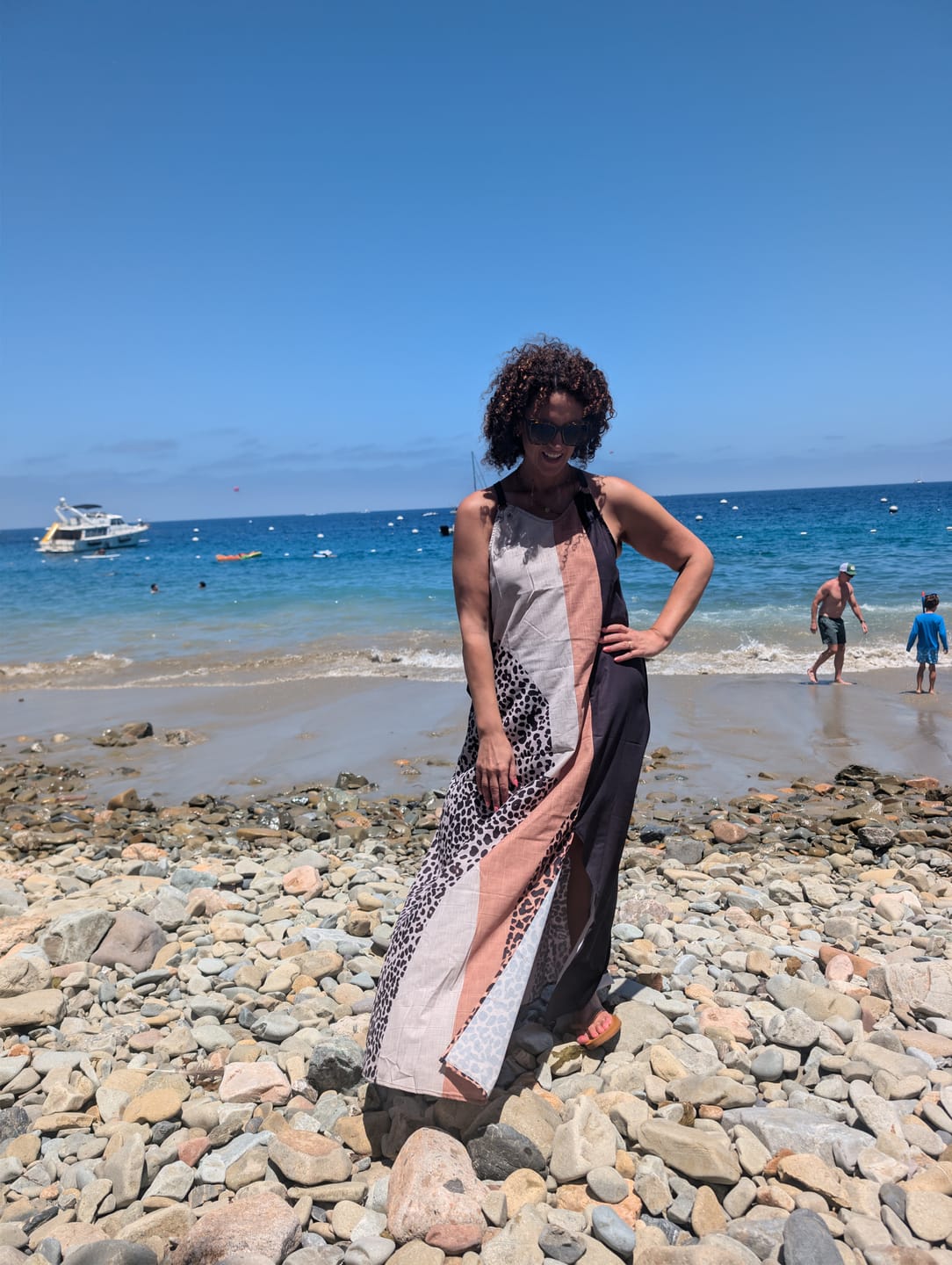 Customer photo review of Loose Sleeveless Asymmetric Contrast Color Leopard Pockets Split-Joint Halter-Neck Maxi Dresses
