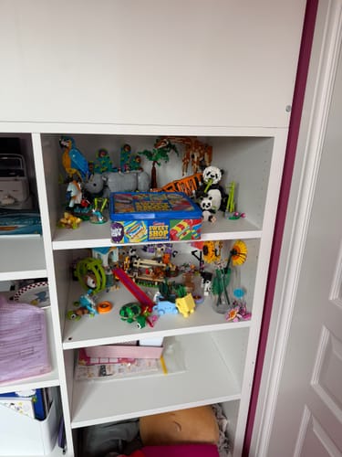 Customer's Walk Ins white shelving unit displaying various toys and decor.