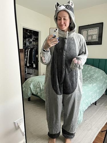 Customer photo review of OLAOLA Unisex Adult Plush Light Gray Raccoon Animals Onesie Pajamas Warm Home One-Piece Sleepwear
