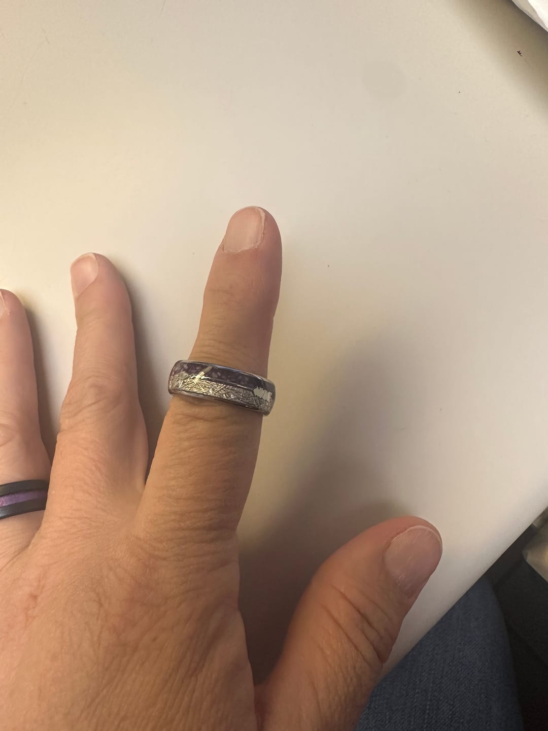 Customer photo review of 8mm- Silver Tungsten Dome Ring, W/ Purple Agate Rose gold Arrow & Meteorite Inlay