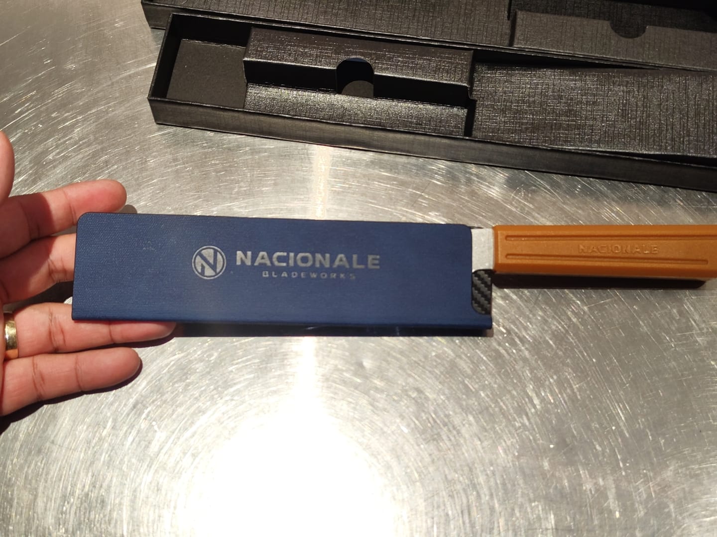 Customer photo review of 190mm Magnetic Knife Guard. Denim Blue