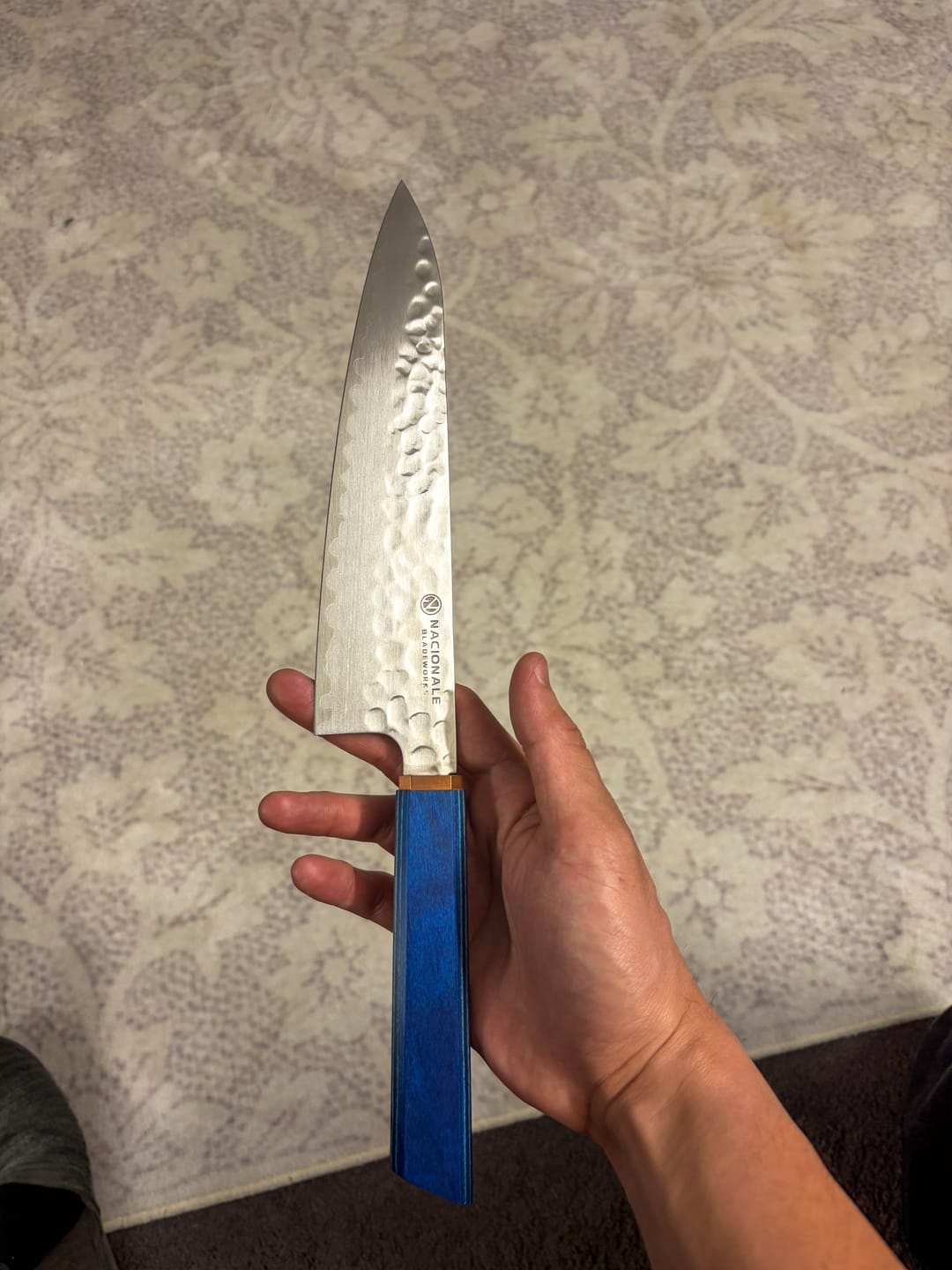 Customer photo review of 215mm Gyuto. Hammered San Mai 440C Stainless. Blue Pakka / Ebony / Oak