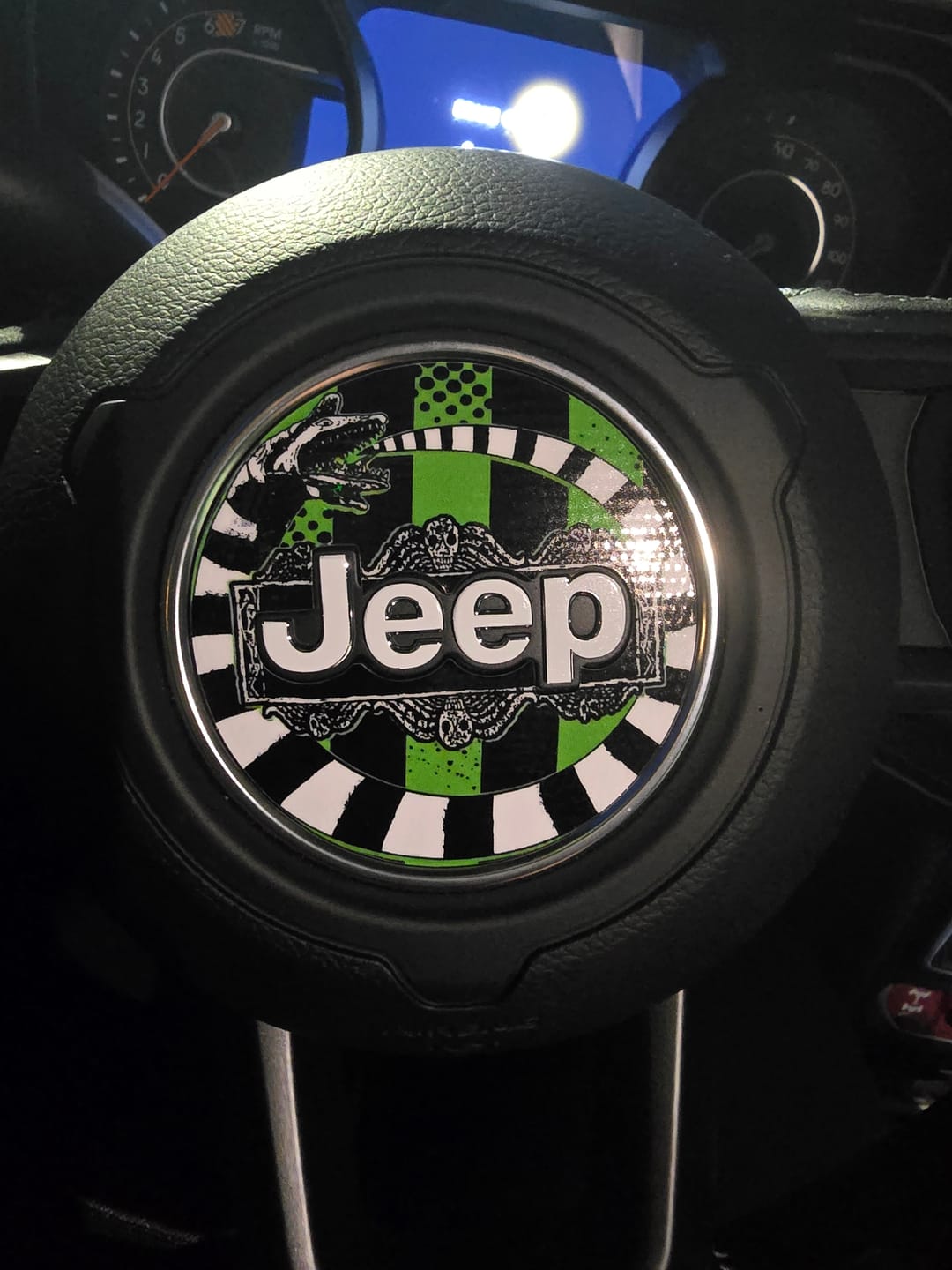 Customer photo review of JEEP Steering Wheel Emblem Overlay Decal — 30+ Colors & Designs (Flag, Topo, Animal, Solid)