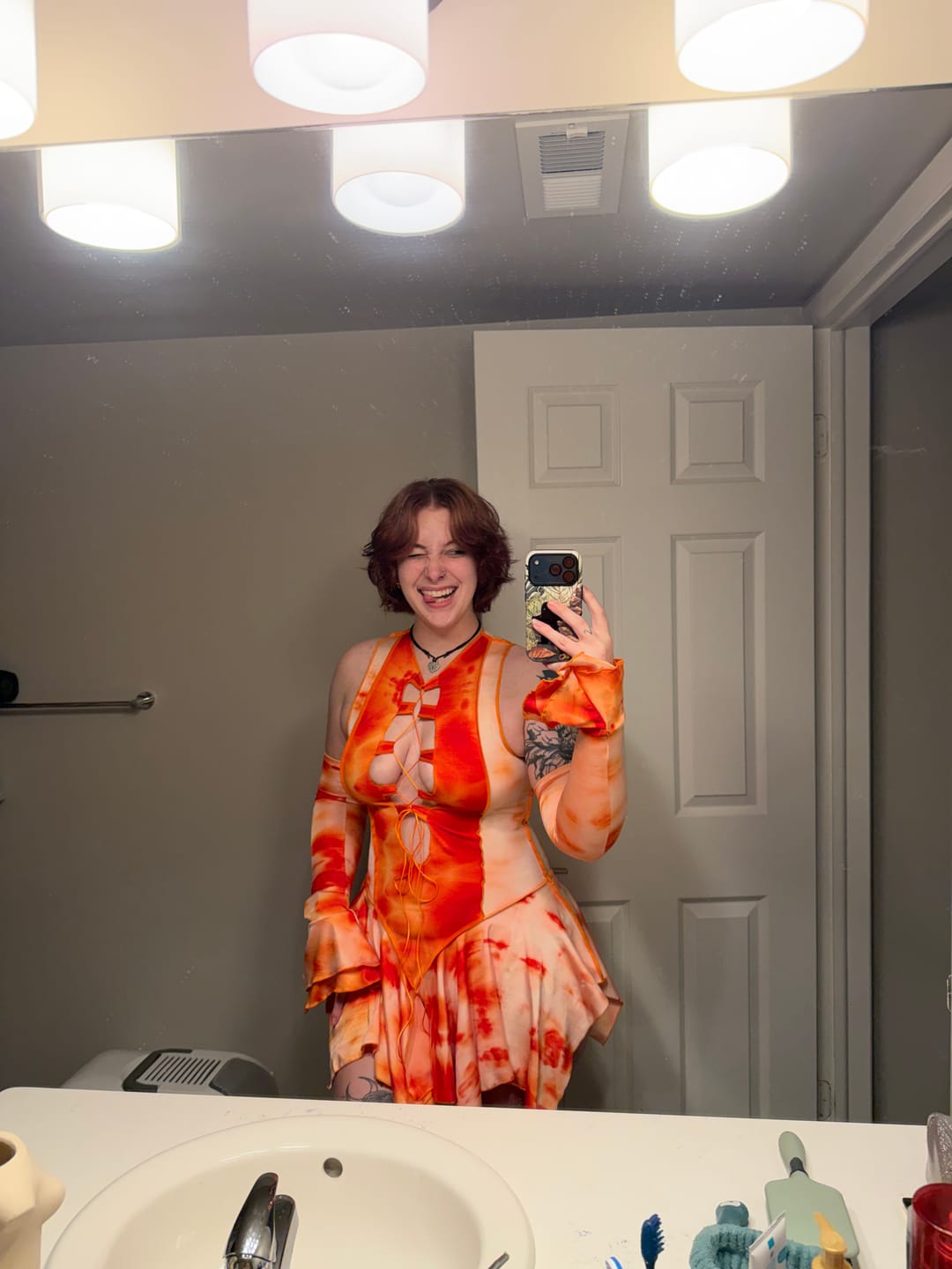Customer photo review of Orange Tie Dye Pixie DRESS