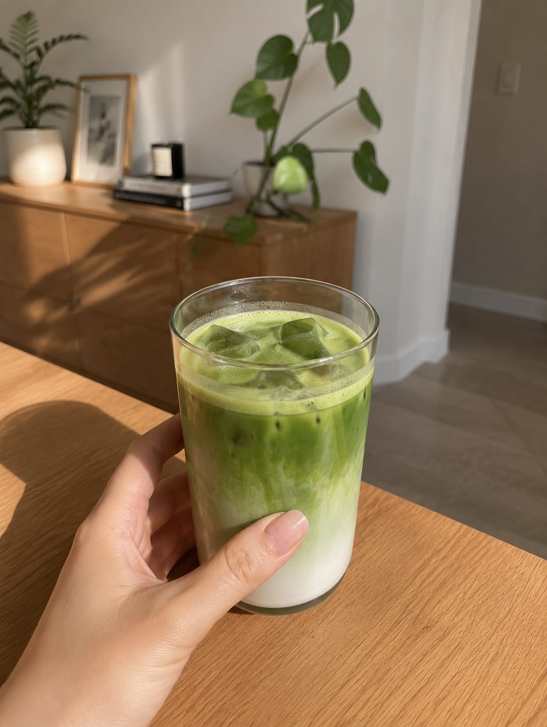 Customer holding a glass of iced Artisanal Blend matcha latte.