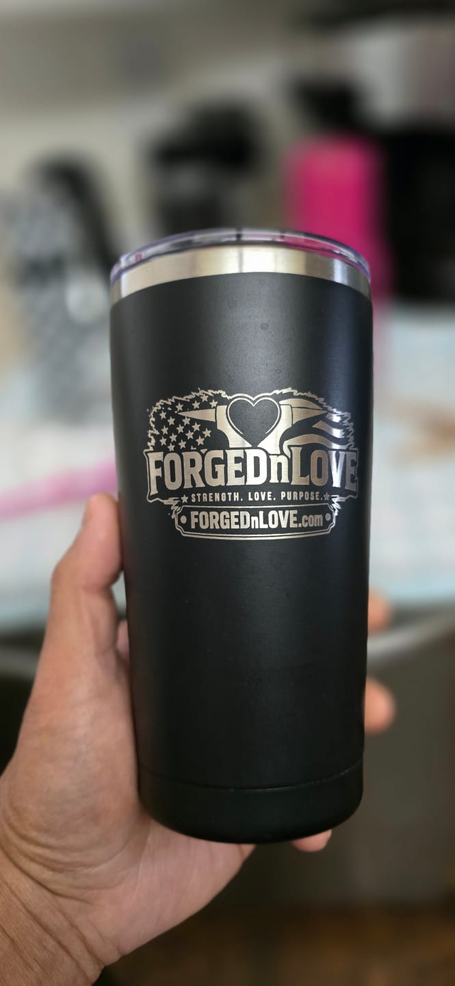 Customer photo review of $5 Sample - Custom 20 oz Tumbler with your Business Logo Engraved - Great Test Before Bulk Volume Order!