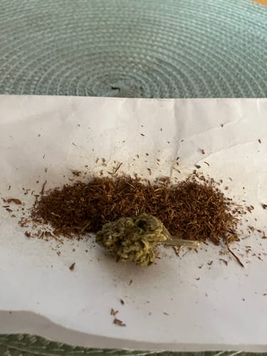 Customer's THC-A 50% Hash Ice o Lator, a small green-brown bud piece with a pile of loose dark brown tobacco on paper.