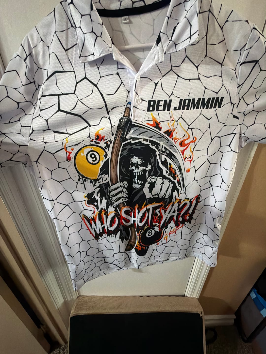Customer photo review of Maxcorners Billiard Skull Customized Name, Team Name 3D Shirt For Ben Vargas