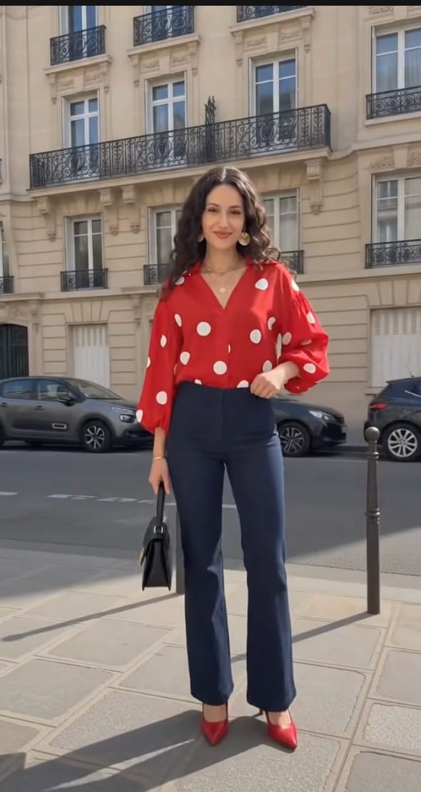 Customer photo review of Long Sleeves Loose Contrast Color Pleated Polka Dot Split-Joint Lapel Blouses&Shirts Tops