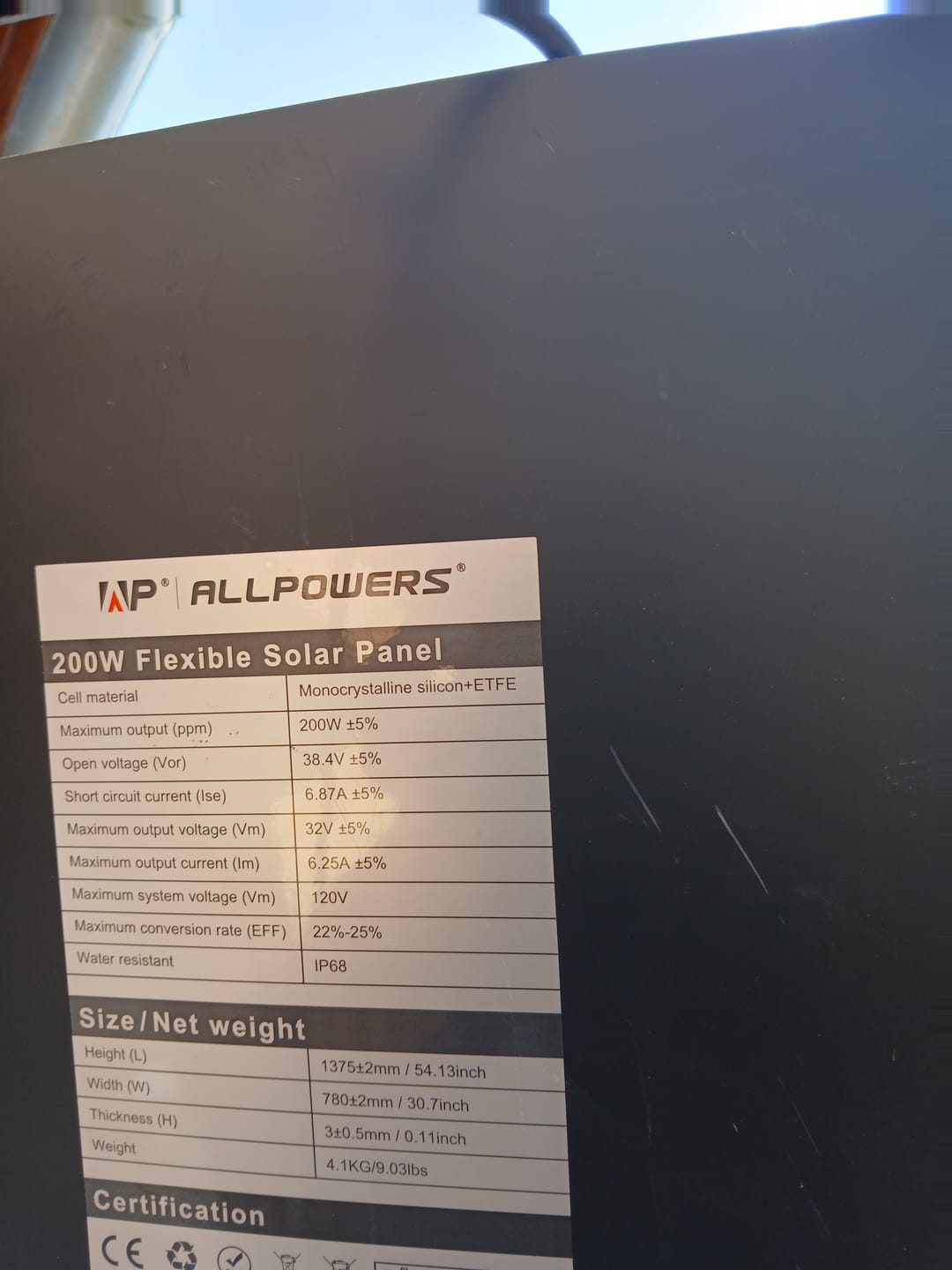 Customer photo review of ALLPOWERS SF200 Panneau Solaire Flexible 200W