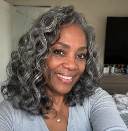 Customer photo review of Luvwin Salt And Pepper Wand Curl Kinky Hair 5x5 Pre-cut Lace Bob Wig