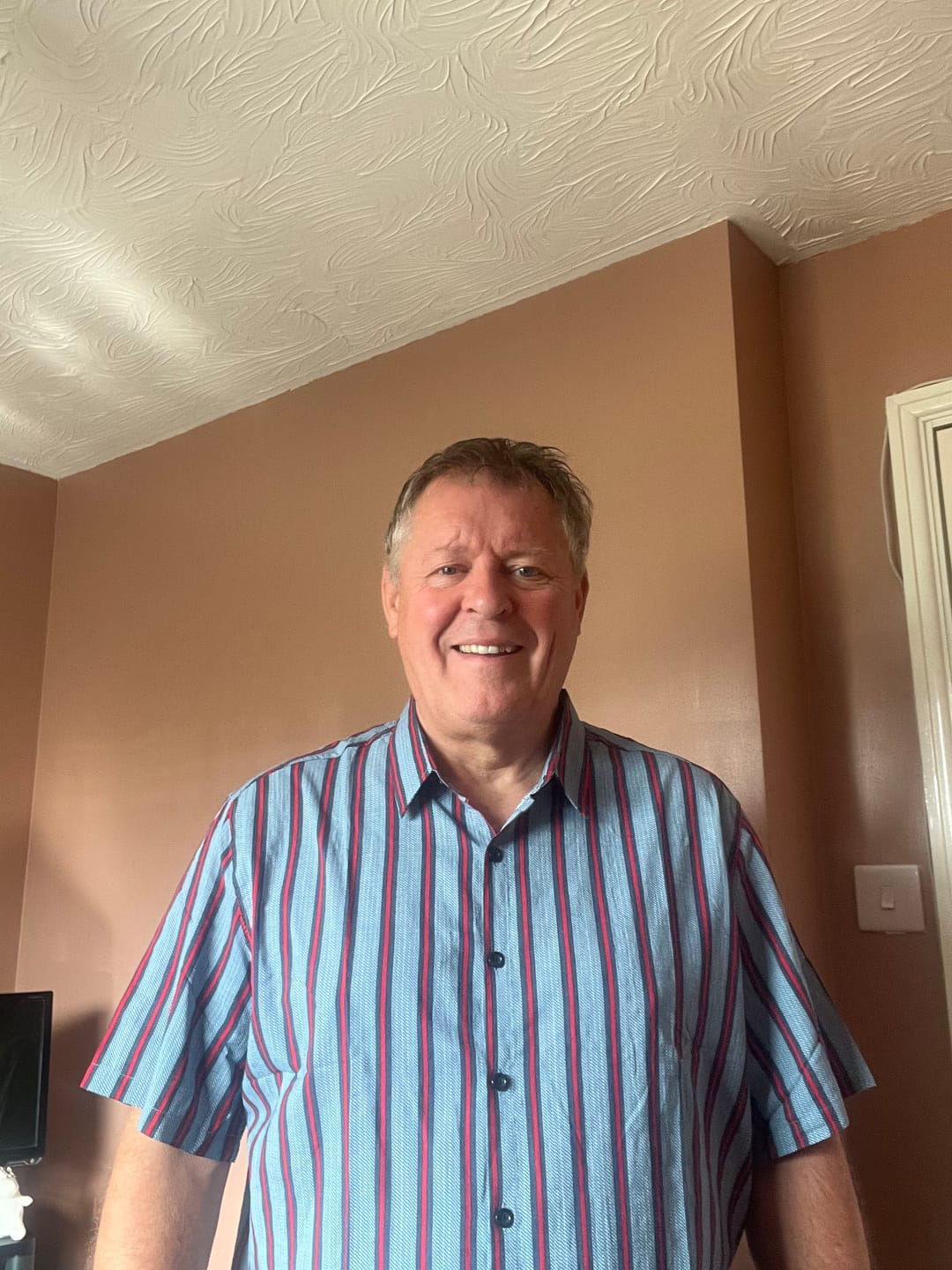 Customer photo review of Men's Blue Striped Casual Cotton Short Sleeve Button Up Shirt