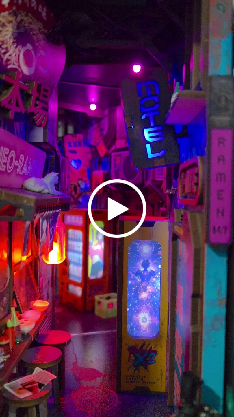 Customer video review of Neon Ramen MiniAlley Cyberpunk DIY Book Nook Kit, Scale Model Kit,  Japanese Ramen Shop Miniature Scene