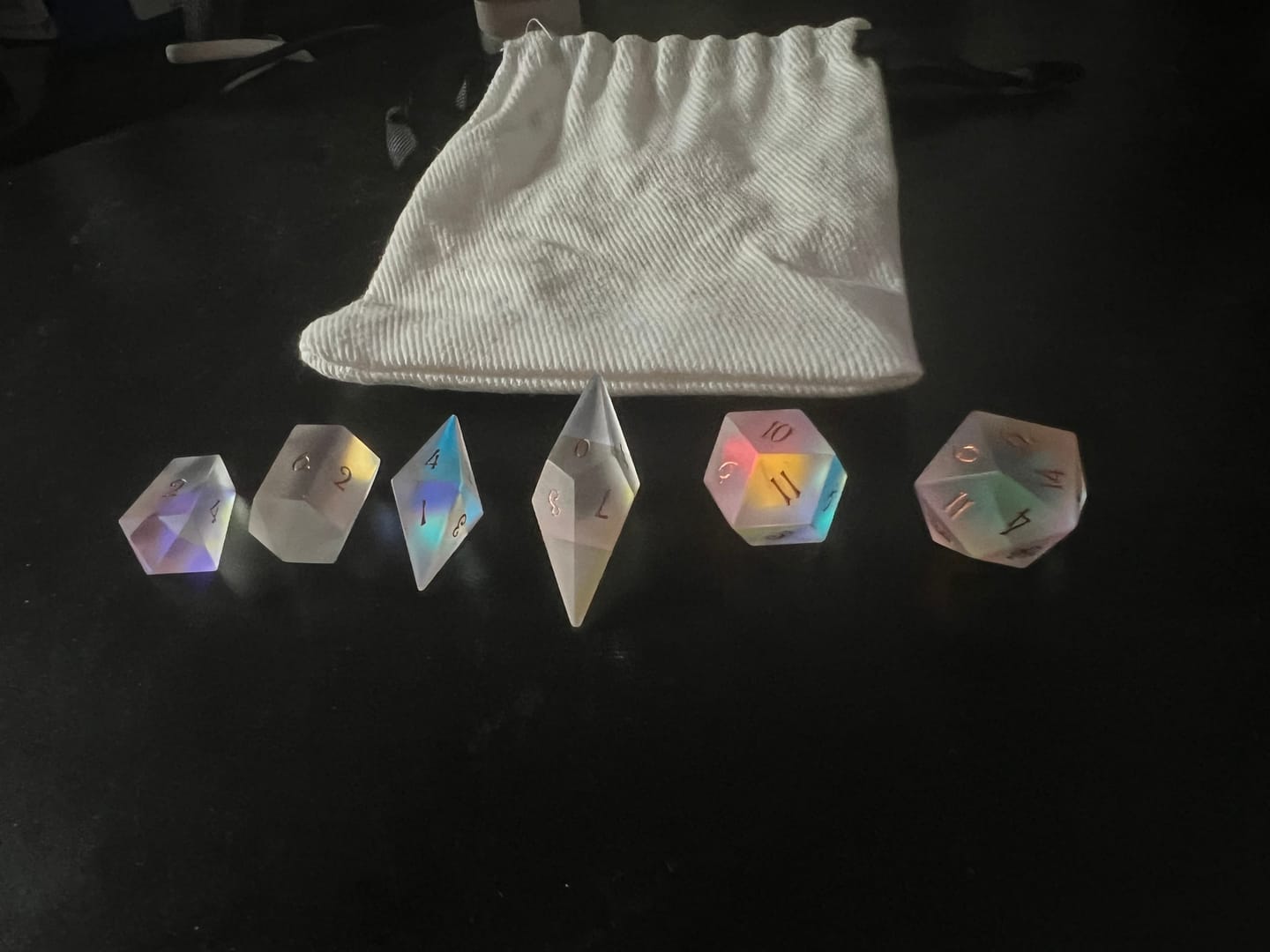 Customer photo review of URWizards D&D Frosted Prism Glass Dice Set Crystal Shape