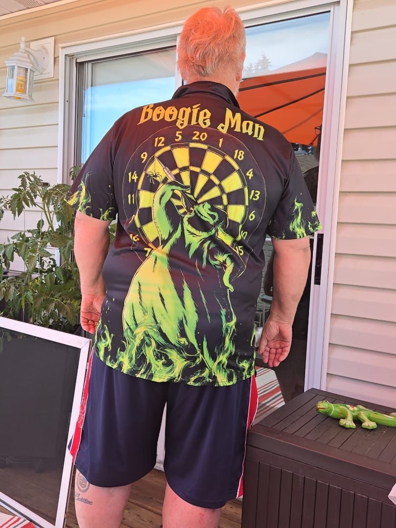 Customer photo review of Maxcorners Boogie Man & Jack Skellington Darts Personalized Name 3D Shirt For John
