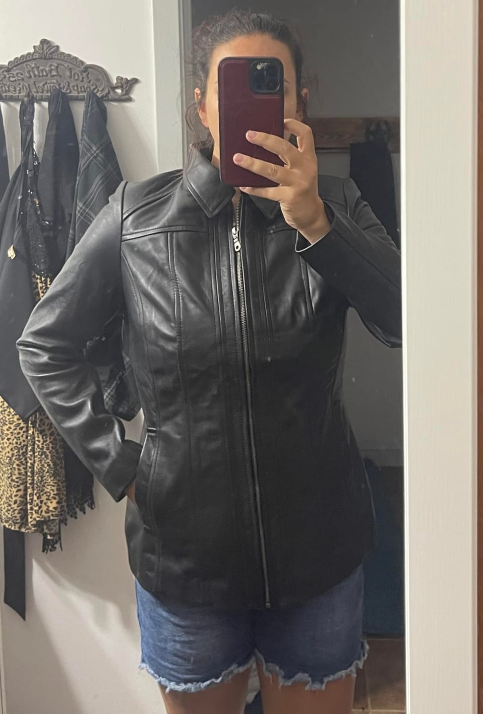 Customer photo review of Marsha Women's Shirt-Collar Black Leather Car Coat