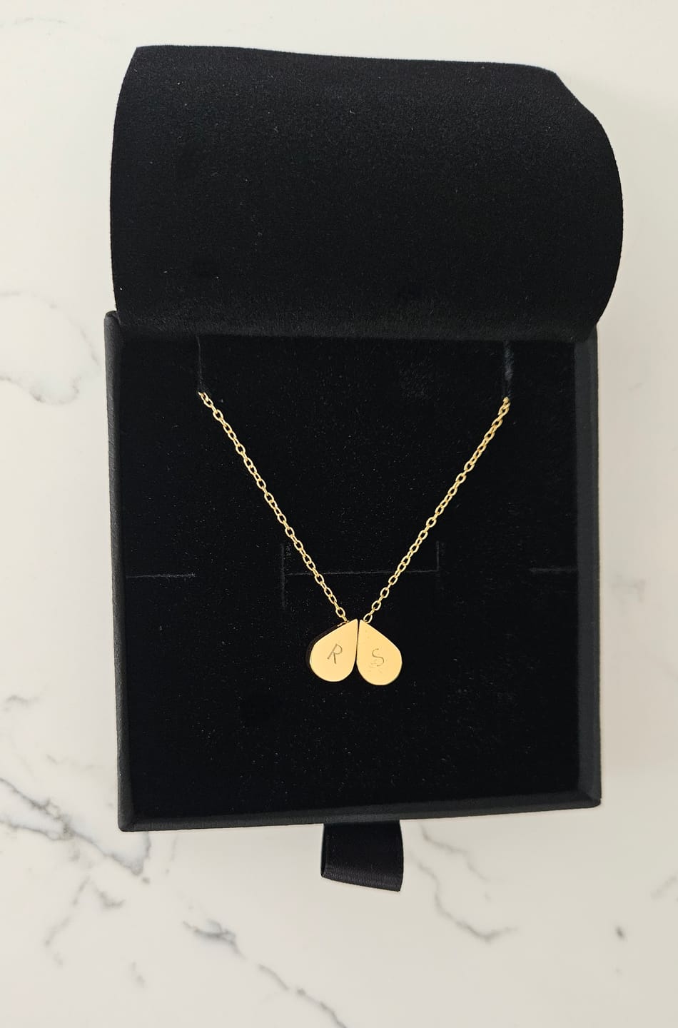 Customer photo review of Teardrop Double Bead Necklace in Gold