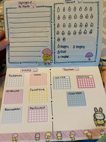 Customer's planner decorated with Rainy Days Variety Sticker Pack, showing cute animal stickers and tracking charts