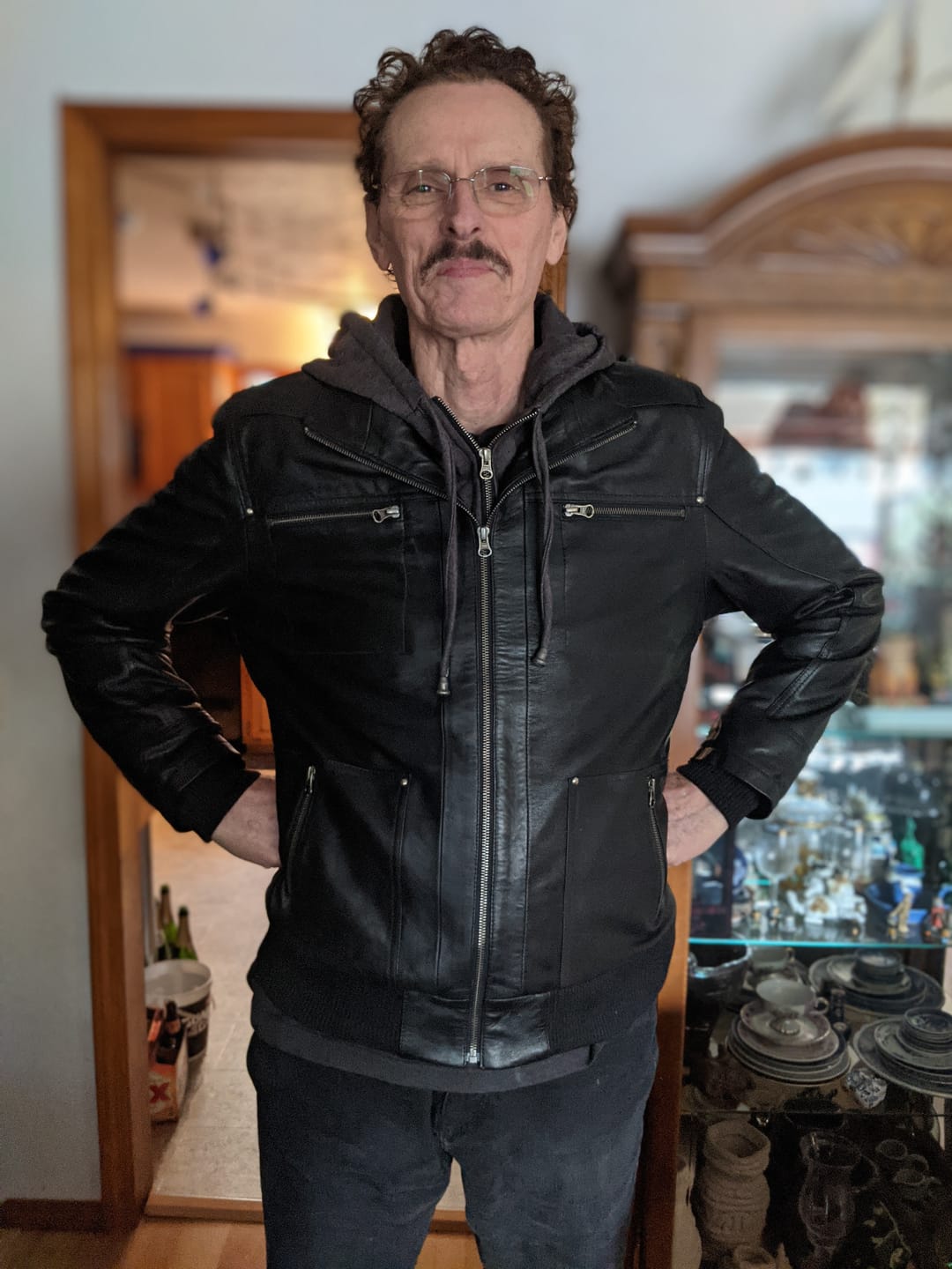 Customer photo review of Mens Black Bomber Leather Jacket with Removable Hood