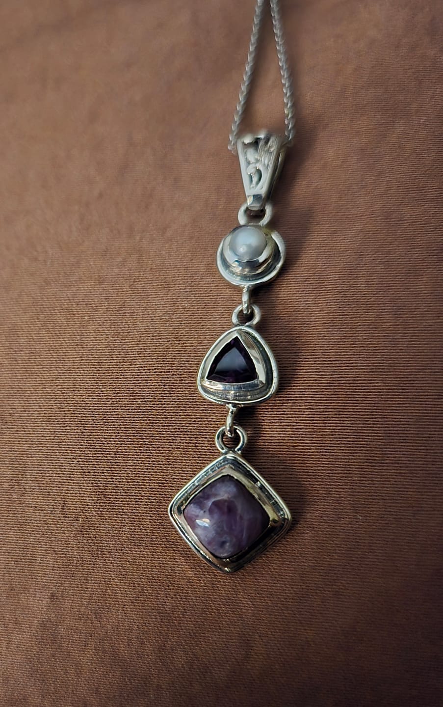 Customer photo review of Natural Charoite, Amethyst & Pearl Necklace in Sterling Silver