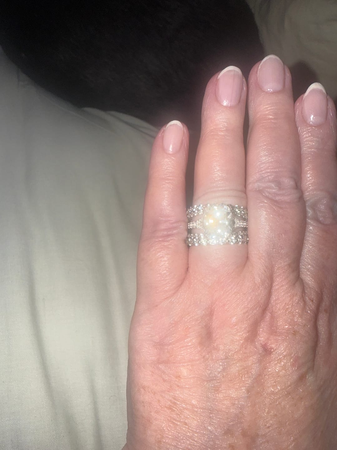 Customer photo review of S925 7.0Ct/4.0Ct Split Shank Cushion Cut Engagement Ring 18K White Gold Plated Travel Rings with Pavé Accents