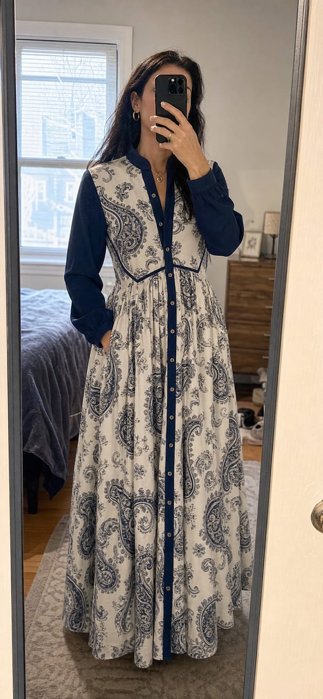 Customer photo review of A-Line High Waisted Buttoned Contrast Color Pleated Pockets Printed Stand Collar Maxi Dresses