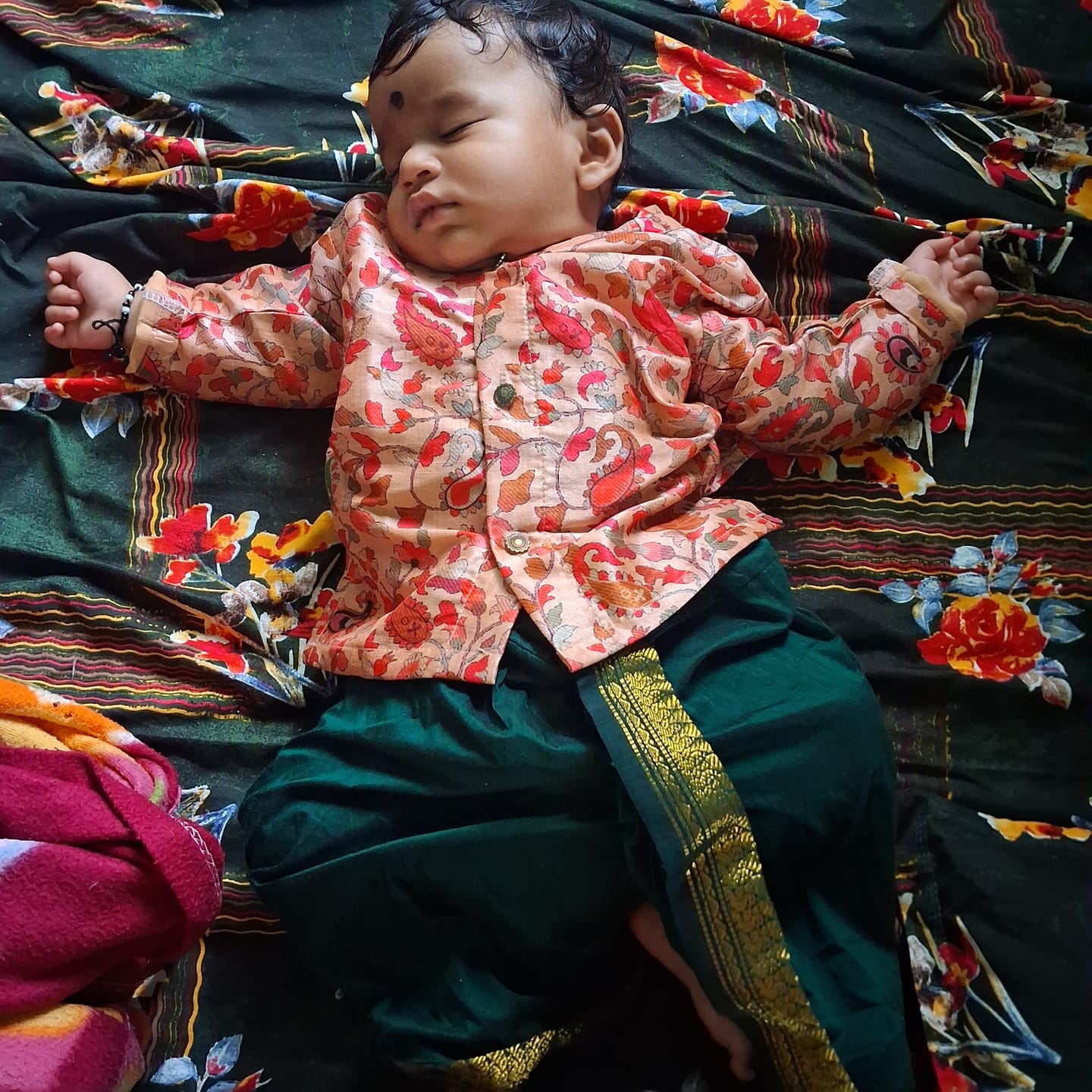 Customer photo review of Traditional Indian Multi floral Autumn Baby Boy Silk Kurta Green Dhoti Set