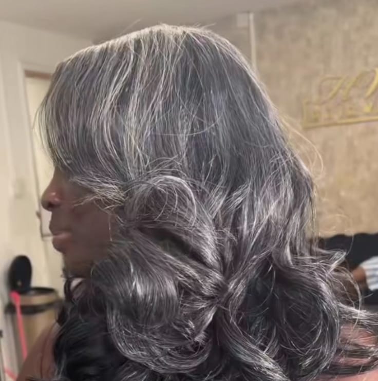 Customer photo review of Luvwin Salt & Pepper Layered Blowout Wave Beginner Friendly Glueless  Gray Wig 100% Human Hair