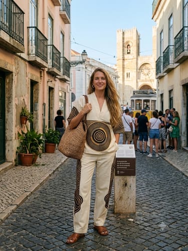 Customer's white Printed Contrast Color V-neck blouse and matching pants, worn in a stone-paved European city street.