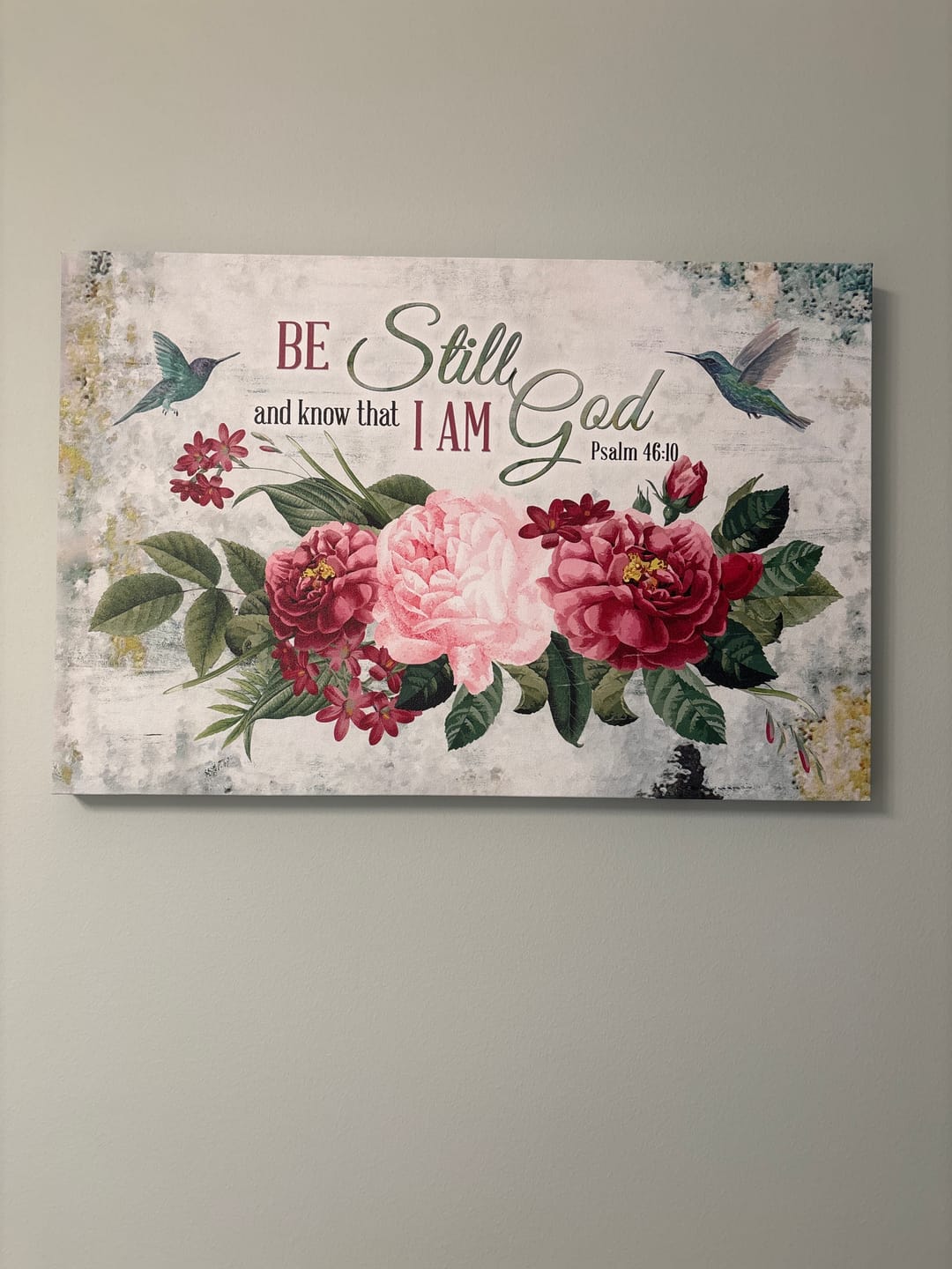 Customer photo review of Be Still and Know That I Am God, Vintage Flower Hummingbird, Wall art canvas