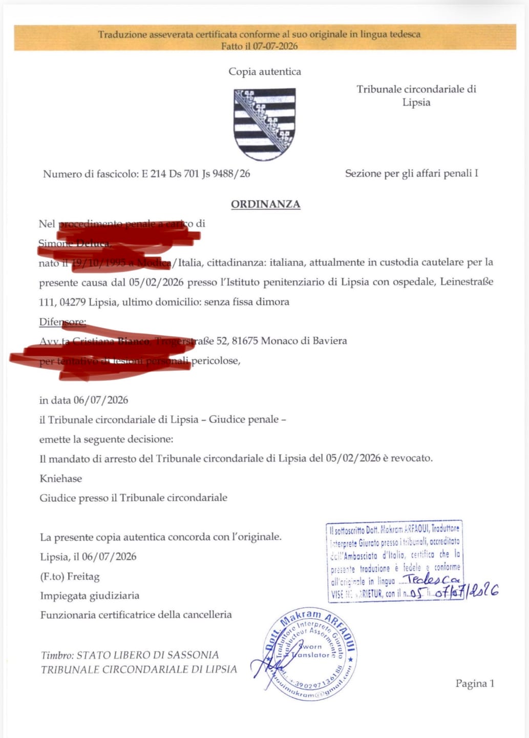 Customer photo review of TRADUZIONE GIURATA/CERTIFICATA