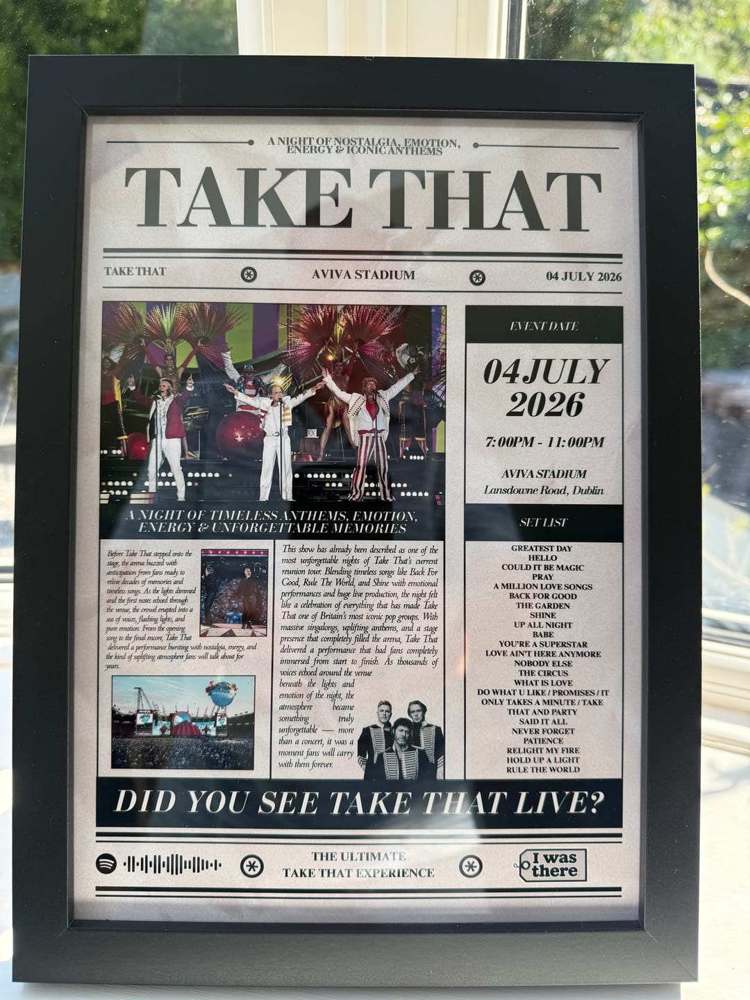 Customer photo review of Take That - Personalised Newspaper Style Concert Poster