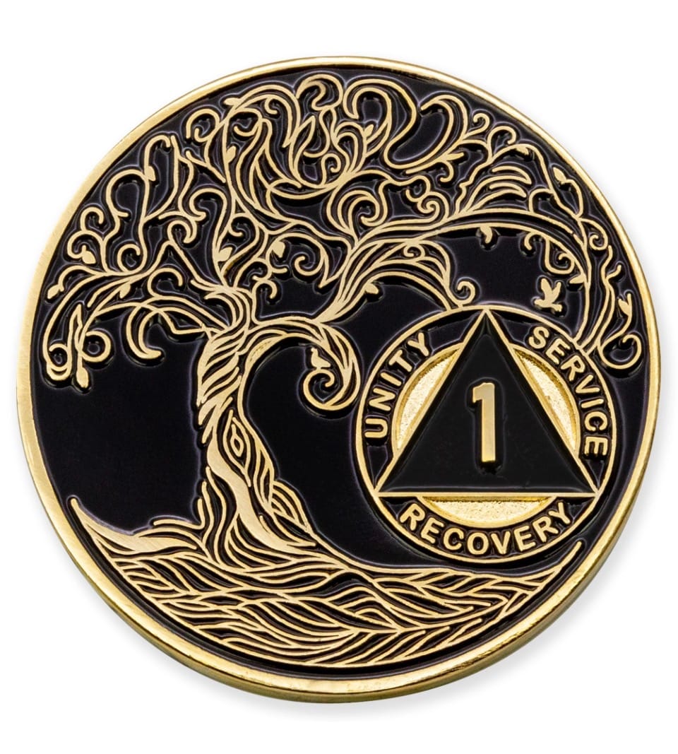 Customer photo review of 1 Year Sobriety Mint Twisted Tree of Life Gold Plated AA Recovery Medallion - One Year Chip/Coin - Black + Velvet Case