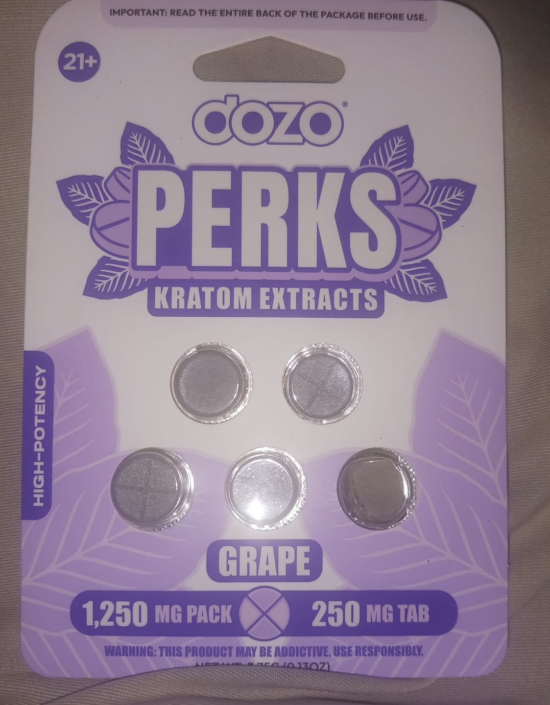 Customer photo review of 5ct Dozo Perks Kratom Extracts 250mg Tablets – High-Strength Mitragynine Formula