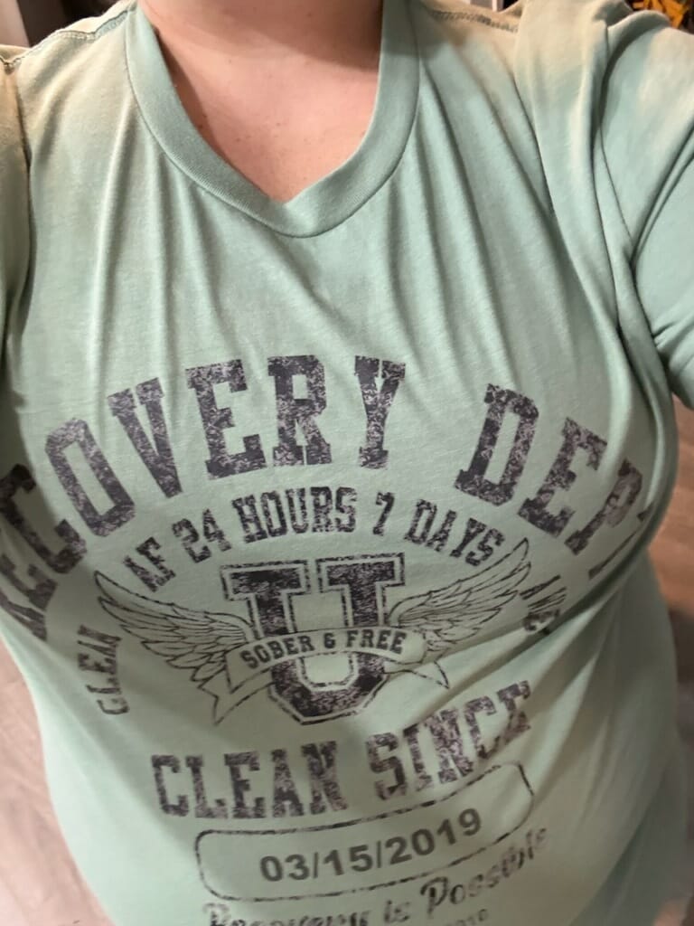 Customer photo review of Recovery Dept Sober T-Shirt | Personalized Clean Since Sobriety Tee